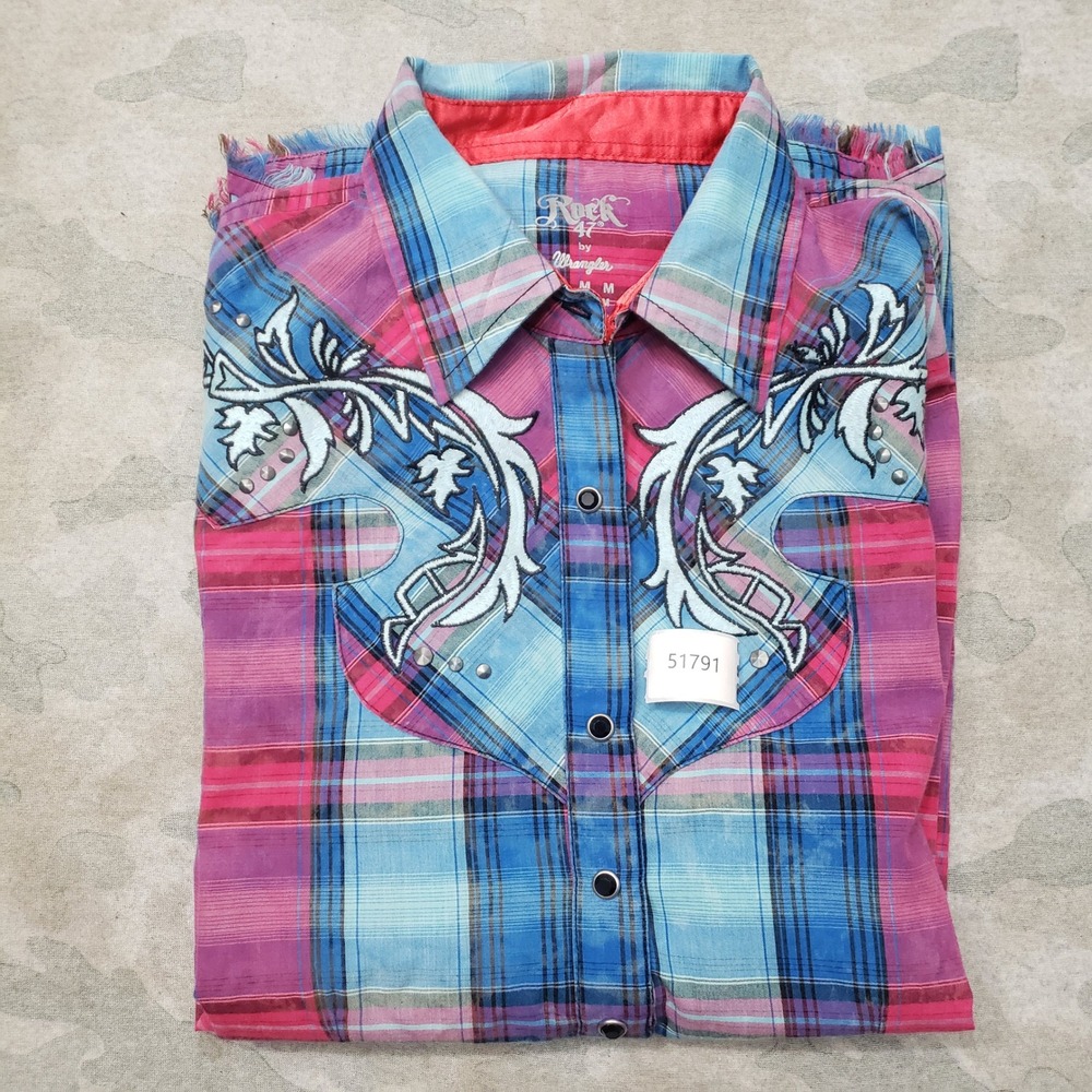 Rock 47 by Wrangler Top Womens Medium Blue Pearl Snap Long Sleeve Plaid Cowgirl - Picture 11 of 11